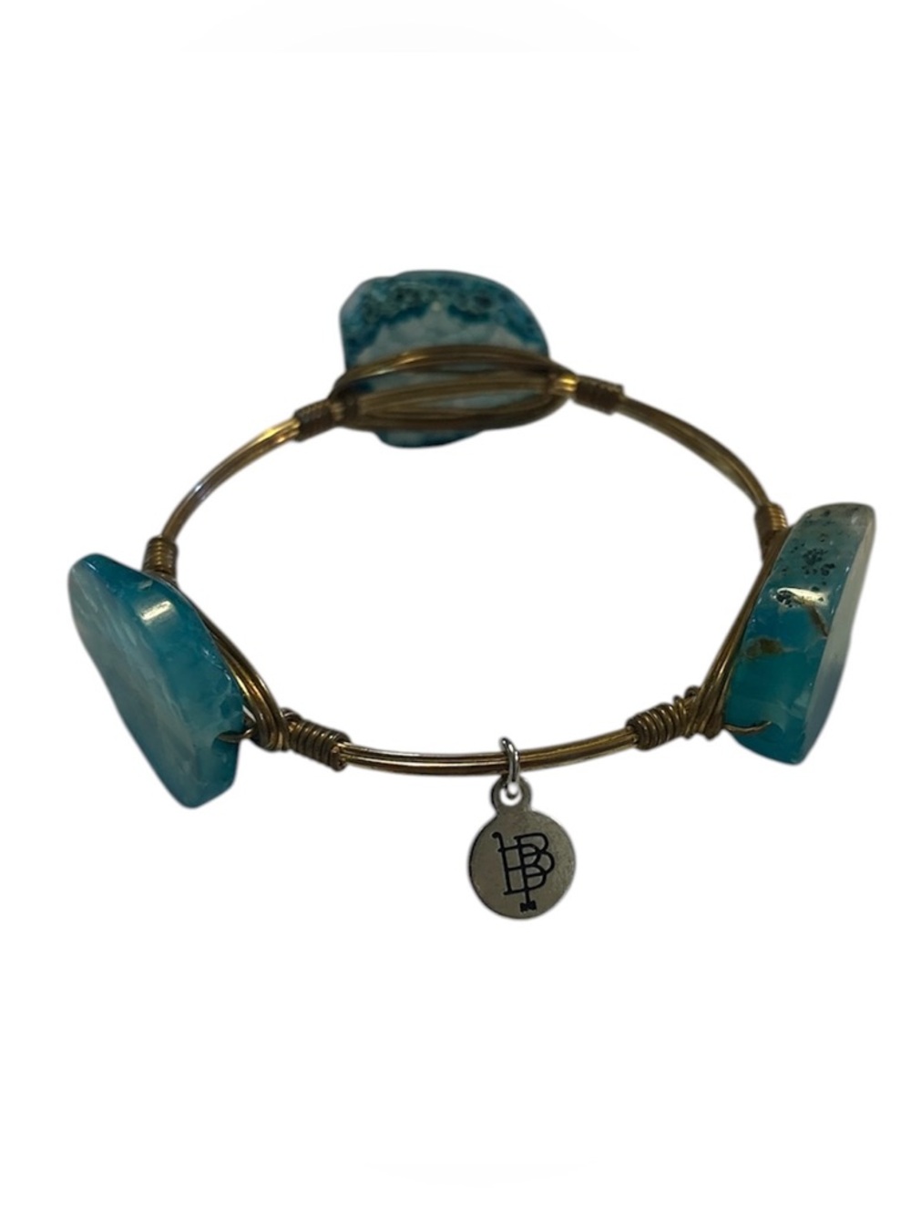 Bourbon and Bowties Bracelet Women’s Wire Bangle Blue Stone Gold Tone 2.5"